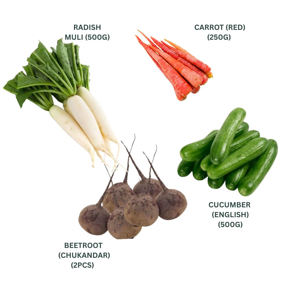 (SALAD COMBO)  CUCUMBER ENGLISH (KHEERA)-500G,RADISH (MULI)-500G,CARROT RED-250G,BEETROOT(CHUKANDAR)-2PCS