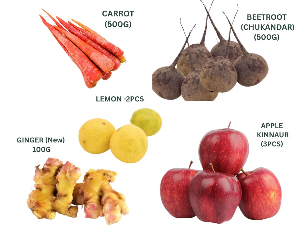 (ABC JUICE COMBO)   CARROT RED-500G, BEETROOT- 500G, APPLE KINNAUR-3PCS,GINGER (NEW)-100G, LEMON-2PCS