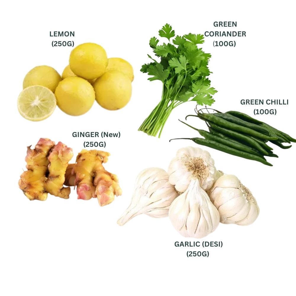 (DAILY USE COMBO)   CORIANDER WITHOUT ROOT -100G, GREEN CHILLI- 100G (SPICY), GINGER (NEW)-250G, GARLIC DESI-250G, LEMON-250G